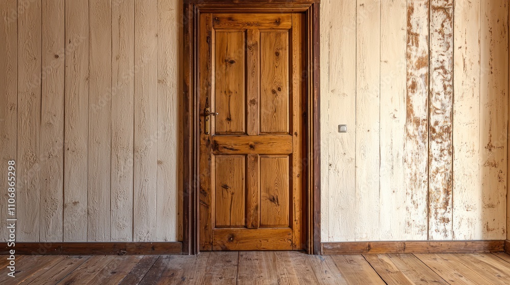 A rustic wooden bedroom door with a warm finish, adding character to a charming home A rustic wooden bedroom door with a warm finish, adding character to a charming home