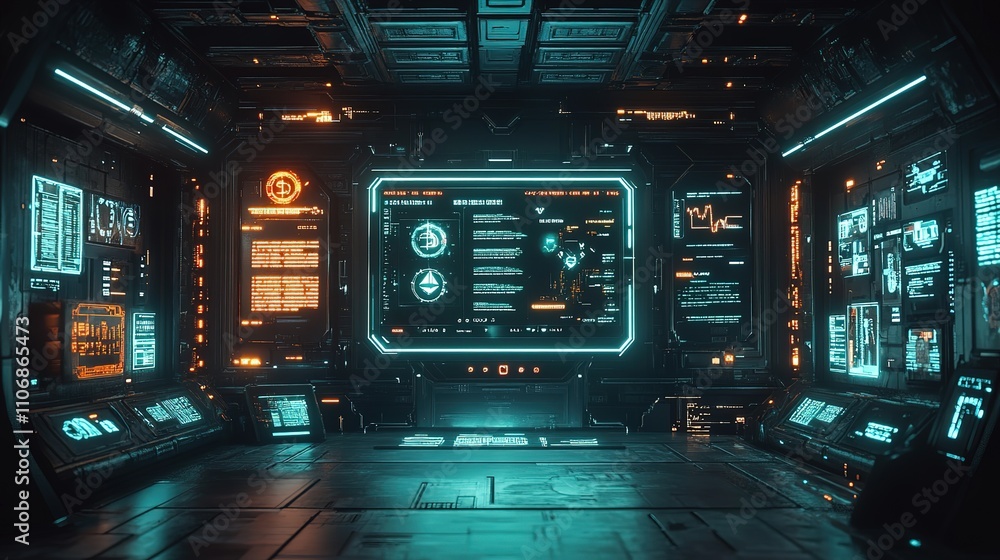 Futuristic spaceship interior with glowing screens. Futuristic spaceship interior with glowing screens.