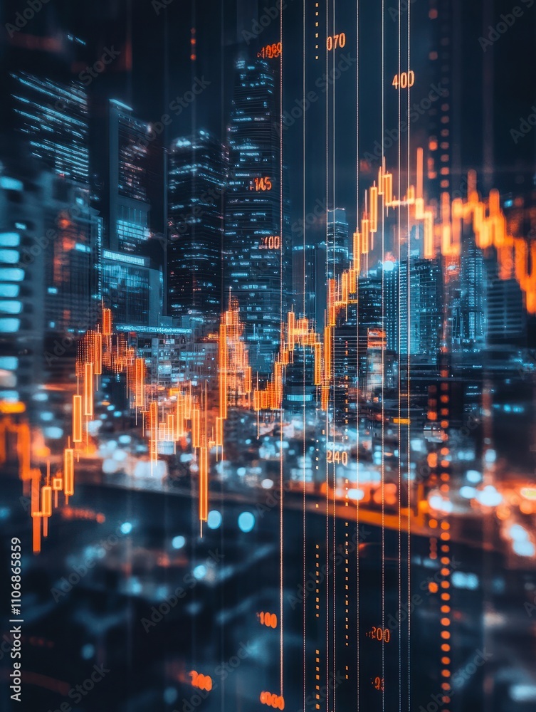 Obraz premium Abstract downward forex chart on blurry night city wallpaper. Crisis and collapse concept. Double exposure