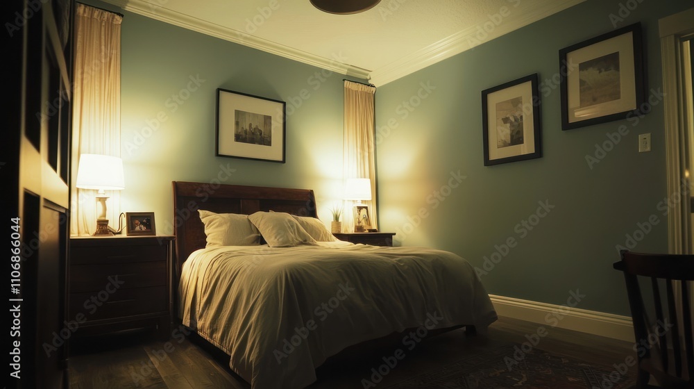 A serene boys' bedroom with calming colors and soft lighting, creating a peaceful retreat A serene boys' bedroom with calming colors and soft lighting, creating a peaceful retreat