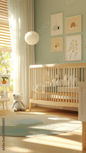 Minimalist nursery with natural wooden furniture and soft lighting