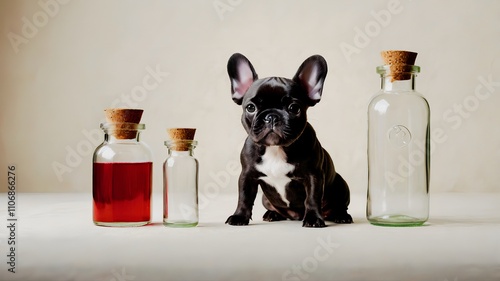 小さなガラス瓶とフレンチブルドッグ