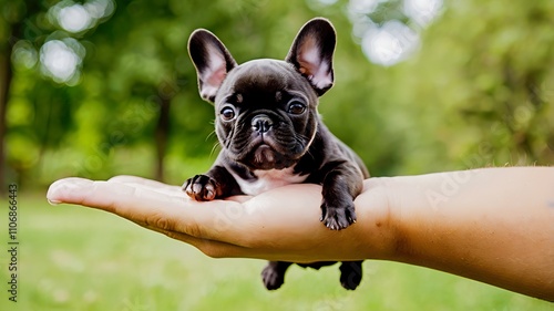 手の指にぶら下がるフレンチブルドッグ