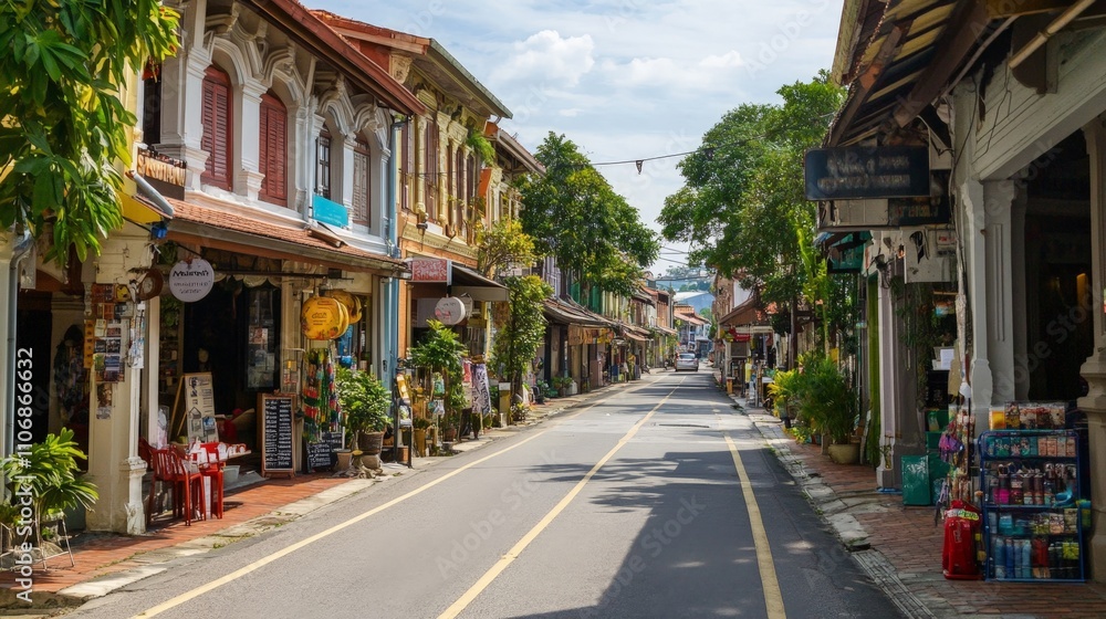 A street with historic architecture mixed with modern shops, capturing a blend of old and new