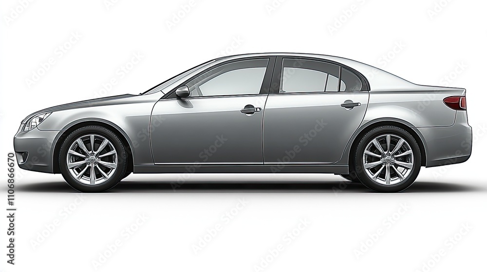 Naklejka premium A silver car is shown in profile against a white background, offering ample space for text