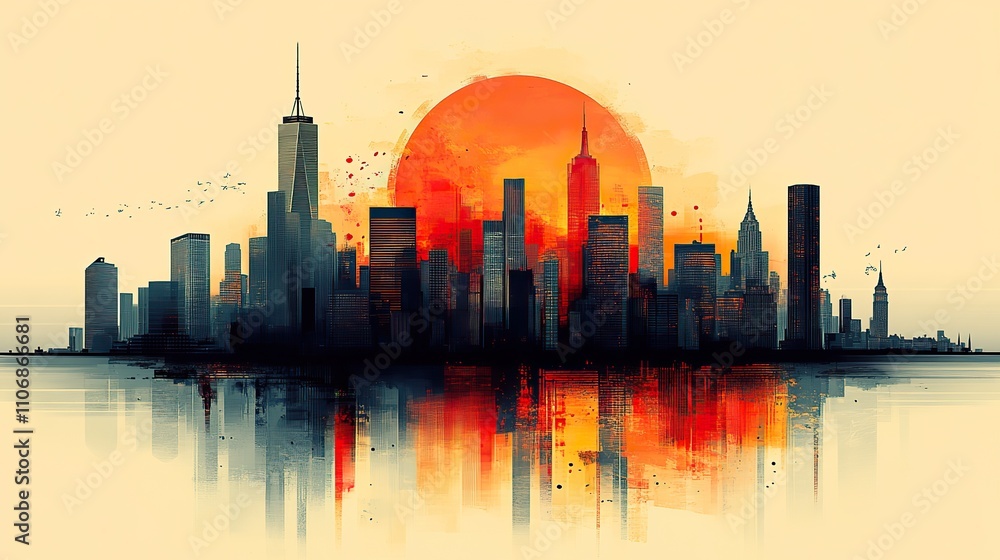 Fototapeta premium A simple flat design of a city skyline composed of skyscrapers and clean lines