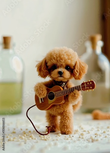世界最小のトイプードルがギターを持って立つ