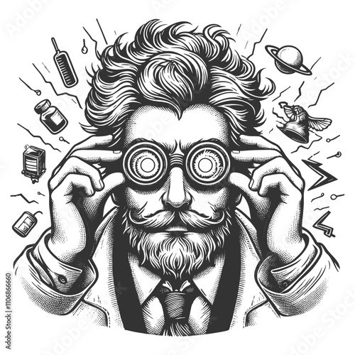 crazed scientist laughing maniacally with syringes in their hair, essence of chaotic science and eccentricity sketch engraving generative ai vector illustration. Black and white image.