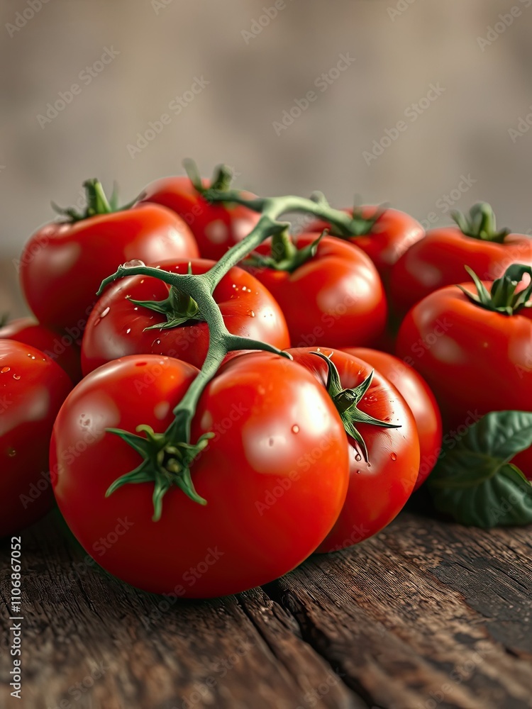 Close-up of wet red whole tomatoes on a wooden market table, market stall, ripe, vibrant Close-up of wet red whole tomatoes on a wooden market table, market stall, ripe, vibrant
