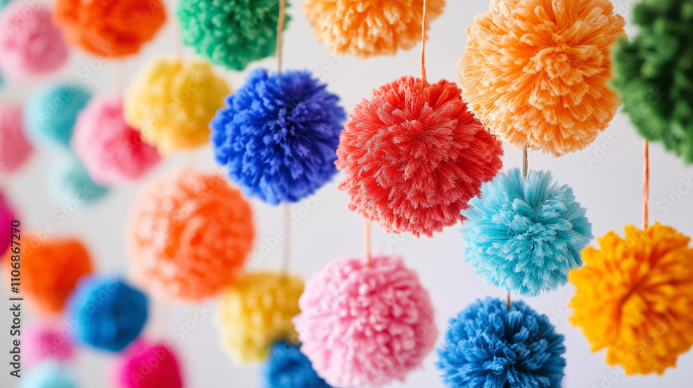 Bright colorful pom-poms in a cheerful arrangement Bright colorful pom-poms in a cheerful arrangement