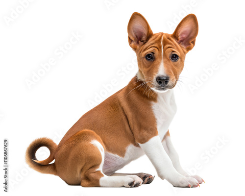 White-red cute Basenji puppy isolated on white background. Basenji puppy sitting and looking at camera on white 