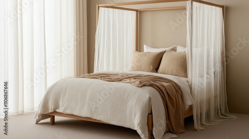 Wallpaper Mural Eco-friendly interior design with bamboo furniture. Cozy bedroom with a canopy bed and soft, neutral decor. Torontodigital.ca