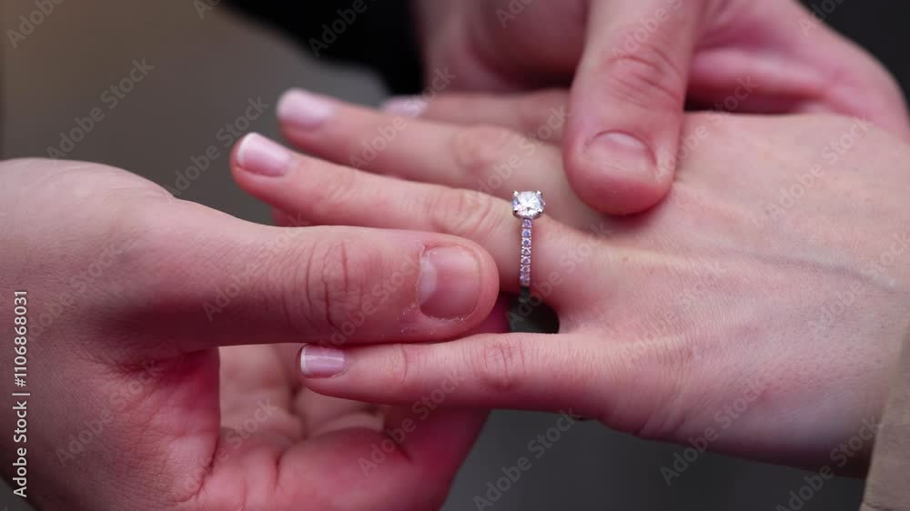 Capturing a romantic outdoor proposal with a closeup of the engagement ring being placed on the finger, symbolizing the start of a new journey and a special moment for the couple Capturing a romantic outdoor proposal with a closeup of the engagement ring being placed on the finger, symbolizing the start of a new journey and a special moment for the couple