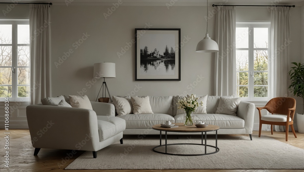Fototapeta premium White home living room interior with table and chairs, window. Mockup frame