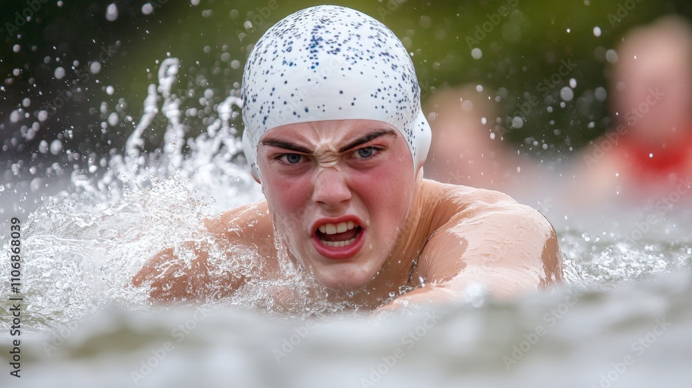 A swimmer finishing a race with determination and relief on their face A swimmer finishing a race with determination and relief on their face