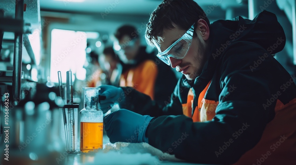 A team of scientists studying ice core samples for climate research A team of scientists studying ice core samples for climate research