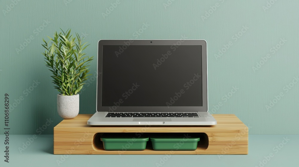 Fototapeta premium Eco-friendly interior design with bamboo furniture. Modern workspace with laptop and plant on wooden stand.