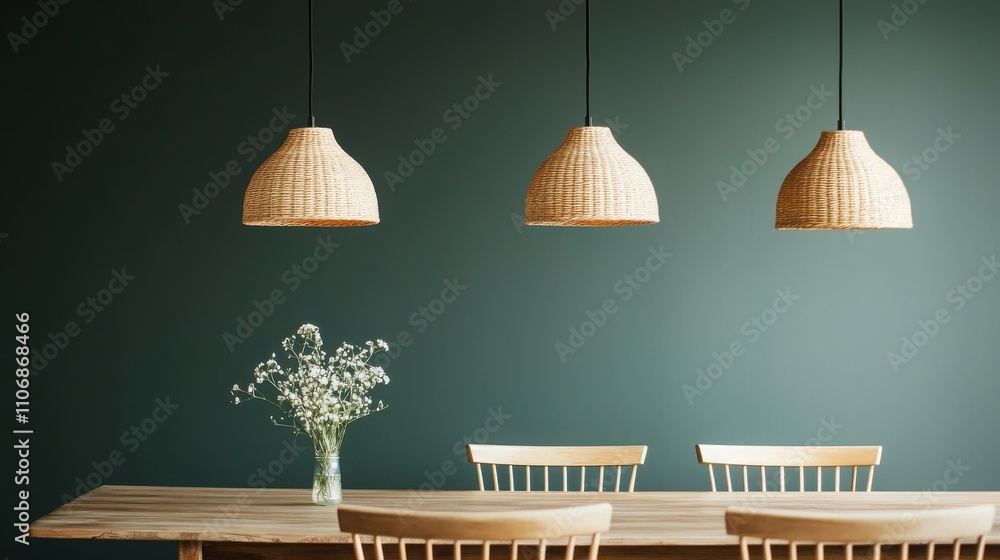 Obraz premium Eco-friendly interior design with bamboo furniture. Cozy dining area with woven pendant lights and floral centerpiece.