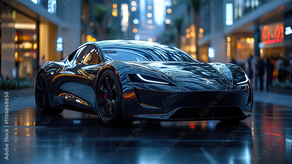 A sleek black car displayed in a high-tech environment exemplifies modern automotive design A sleek black car displayed in a high-tech environment exemplifies modern automotive design