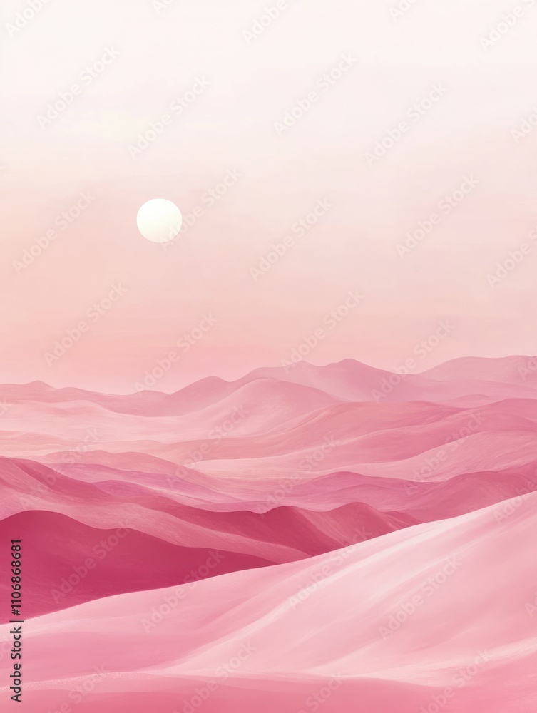 Fototapeta premium Abstract pink landscape background. Panorama view wallpaper in minimal style with hill, desert, sand in pastel color. For prints, interiors, wall art, decoration, covers, and banners.
