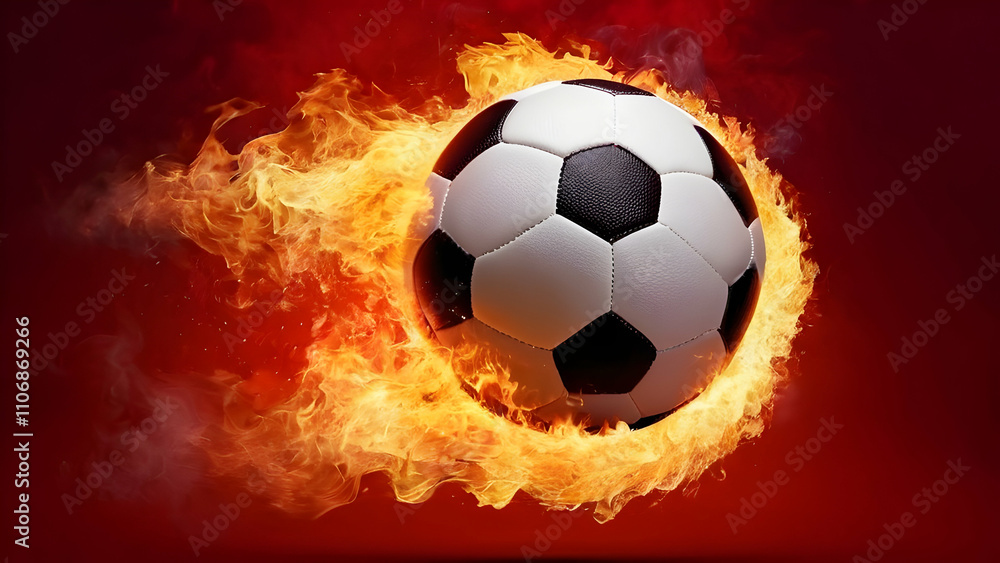 Naklejka premium Fiery soccer ball on fiery red background.