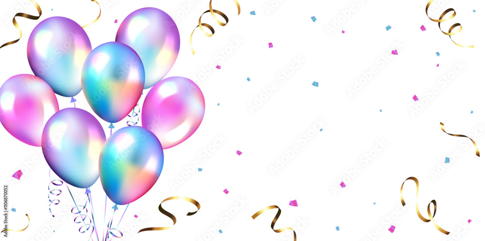 Holographic balloons and confetti vector design background Holographic balloons and confetti vector design background