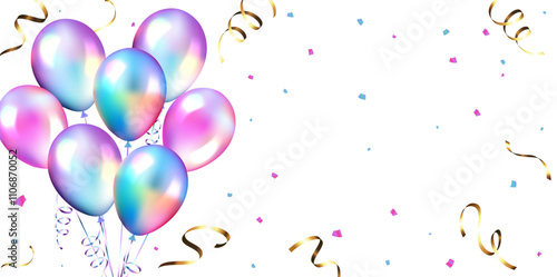 Holographic balloons and confetti vector design background