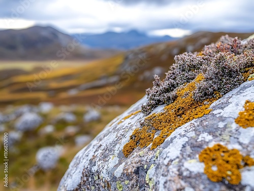 Close-up of lichen-covered rock in mountainous landscape. photo