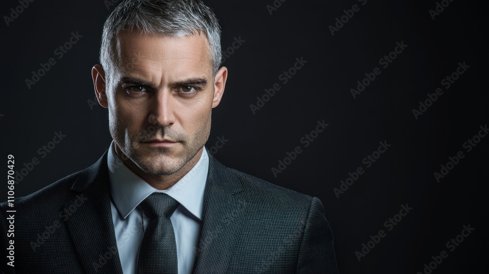A serious portrait of a man in a tailored suit, conveying confidence and determination A serious portrait of a man in a tailored suit, conveying confidence and determination