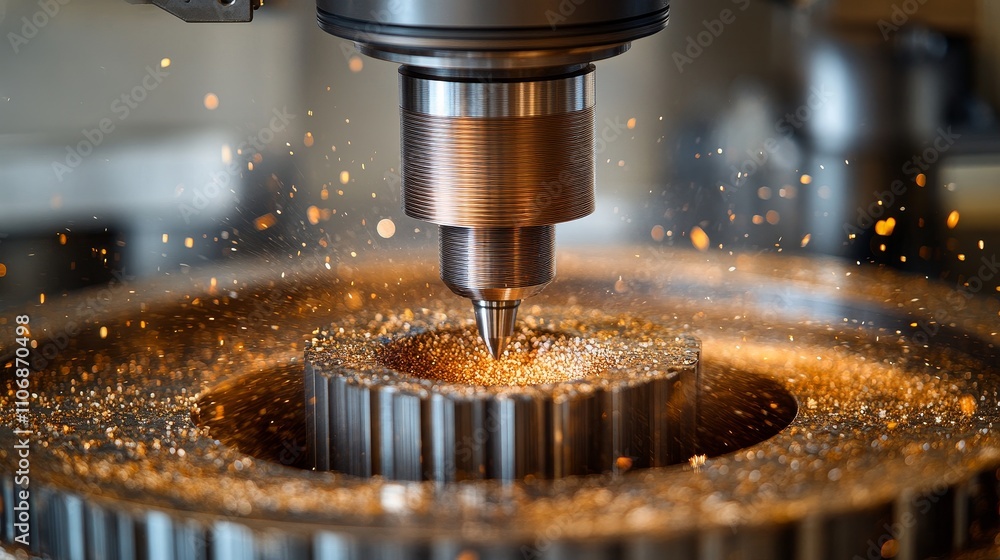 A close-up of a CNC machine drilling a metal gear A close-up of a CNC machine drilling a metal gear