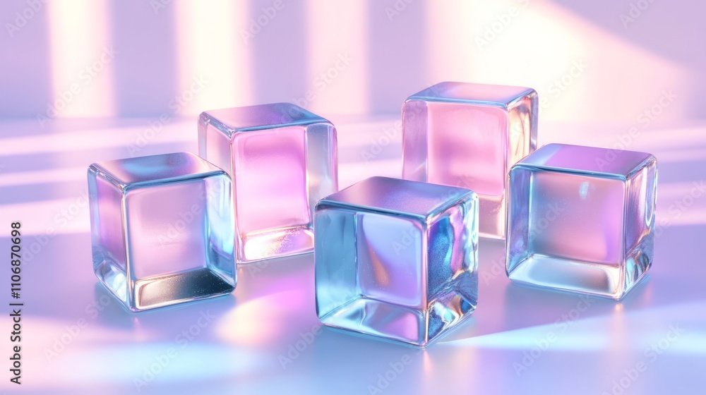 Five iridescent glass cubes on a light surface. Five iridescent glass cubes on a light surface.