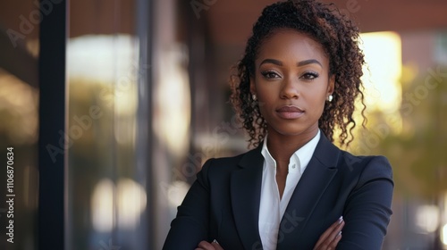 A serious portrait of a woman in professional attire, conveying confidence and determination