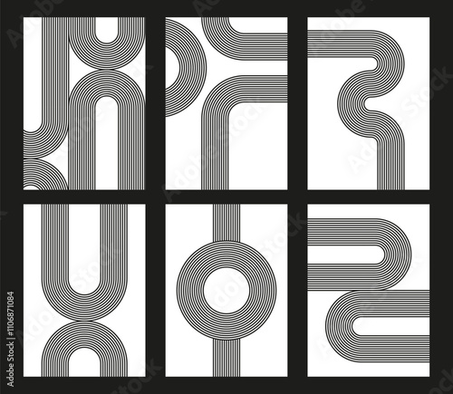Retro background collection with vintage 70s style stripes. Abstract cover set with modern geometric lines.