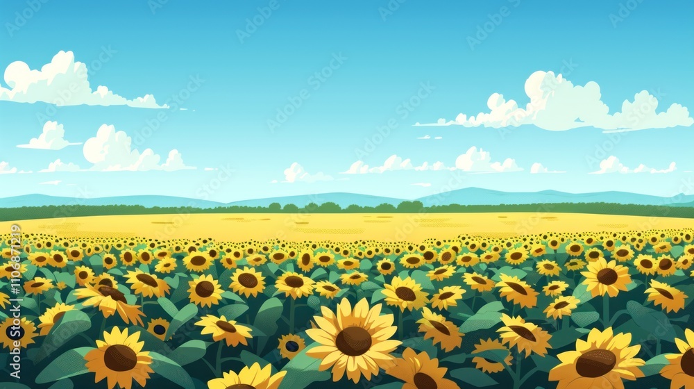 Fototapeta premium Field of sunflowers under a clear blue sky, illustrated landscape.