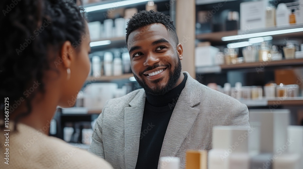 Smiling Young Man Having a Conversation at a Cosmetics Store Smiling Young Man Having a Conversation at a Cosmetics Store
