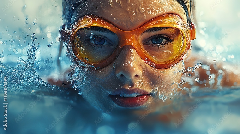 Naklejka premium A splash watercolor painting of a female swimmer, featuring bright colors and dynamic strokes