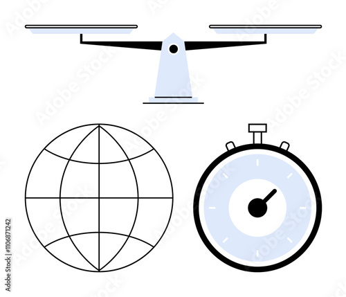 Balance scale globe and stopwatch symbolize global business, time management, and precision. Ideal for efficiency, equilibrium, international collaboration, punctuality, measurement, and balance
