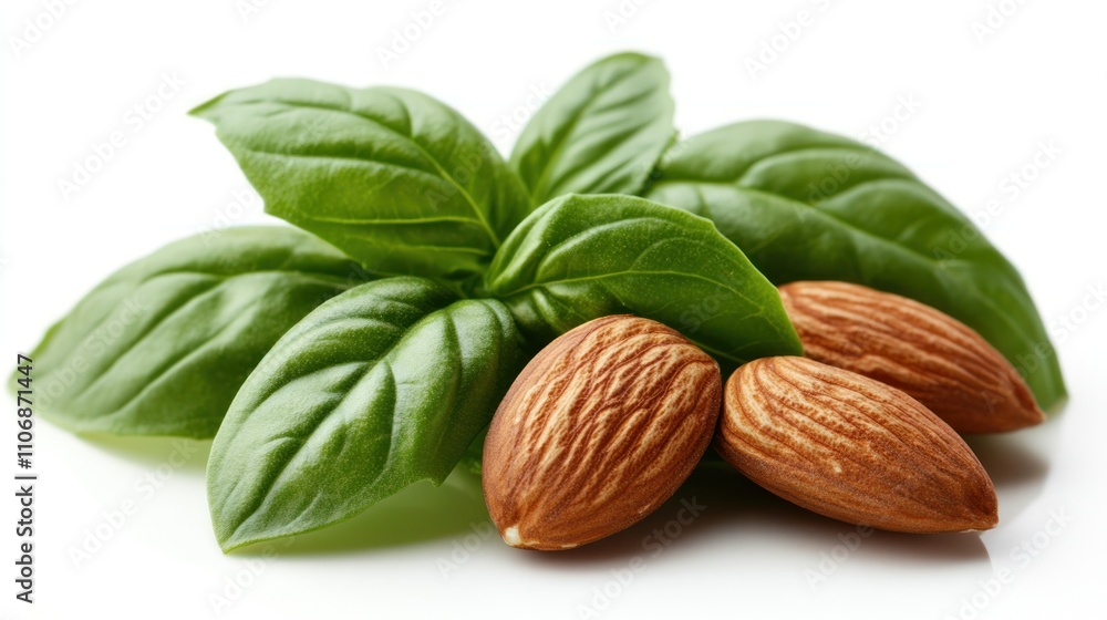 Fresh almonds with basil leaves on a white background. Fresh almonds with basil leaves on a white background.