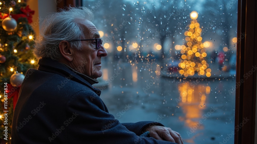 Obraz premium Elderly Man Reflecting by the Window During a Christmas Rain