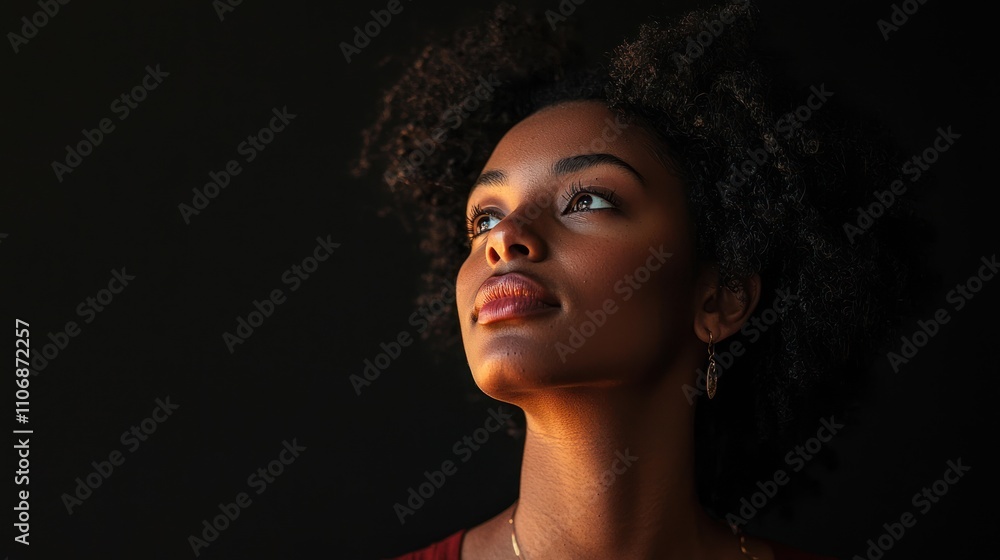 A striking portrait of a woman against a black background, emphasizing her features with dramatic lighting A striking portrait of a woman against a black background, emphasizing her features with dramatic lighting