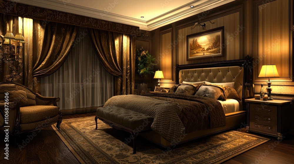 Fototapeta premium A stunning bedroom featuring elegant decor, plush furnishings, and a harmonious color palette for a luxurious feel