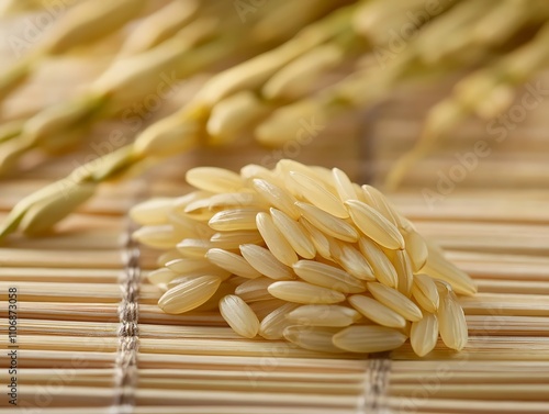 Close-up of uncooked brown rice grains on a bamboo mat with rice stalks in the background. photo