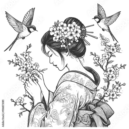 geisha in traditional attire, surrounded by cherry blossoms and flying birds in a serene scene sketch engraving generative ai vector illustration. Scratch board imitation. Black and white image.