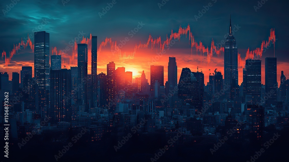 Fototapeta premium A stock market chart trending upward with buildings in the background, symbolizing business growth and success