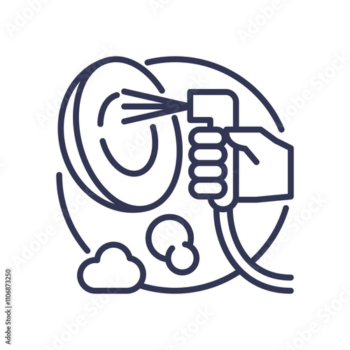 Illustration of a hand using a pressure washer on a car wheel, symbolizing cleaning and maintenance.