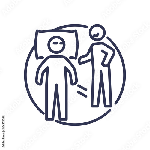 Illustration of a person lying down and another standing, symbolizing immobility and care.