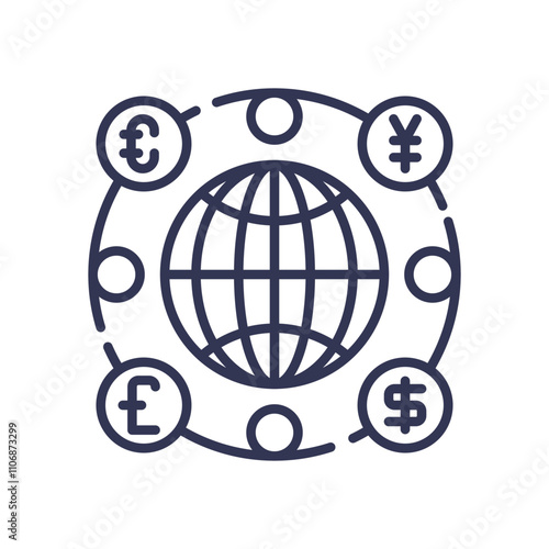 Global currencies encircle a globe, symbolizing interconnected economies.