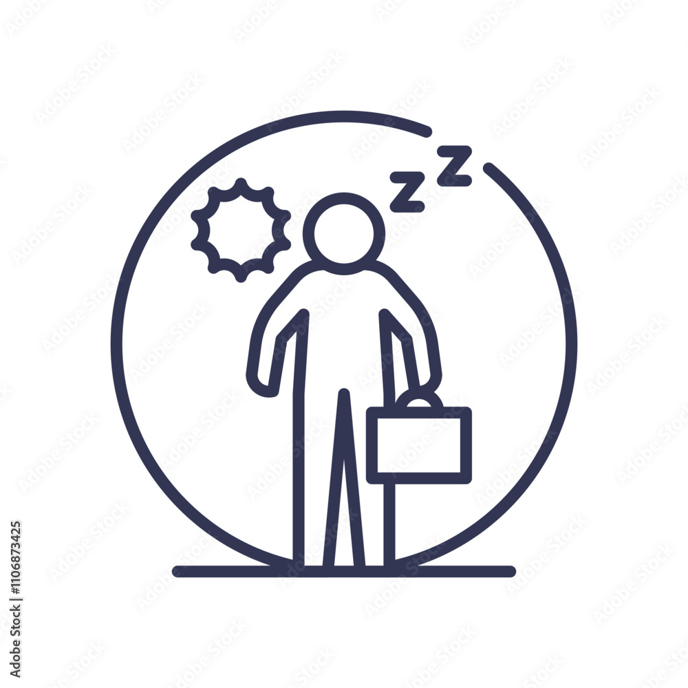 Person with briefcase, sun, and sleep symbol; concept of daytime sleepiness. Person with briefcase, sun, and sleep symbol; concept of daytime sleepiness.