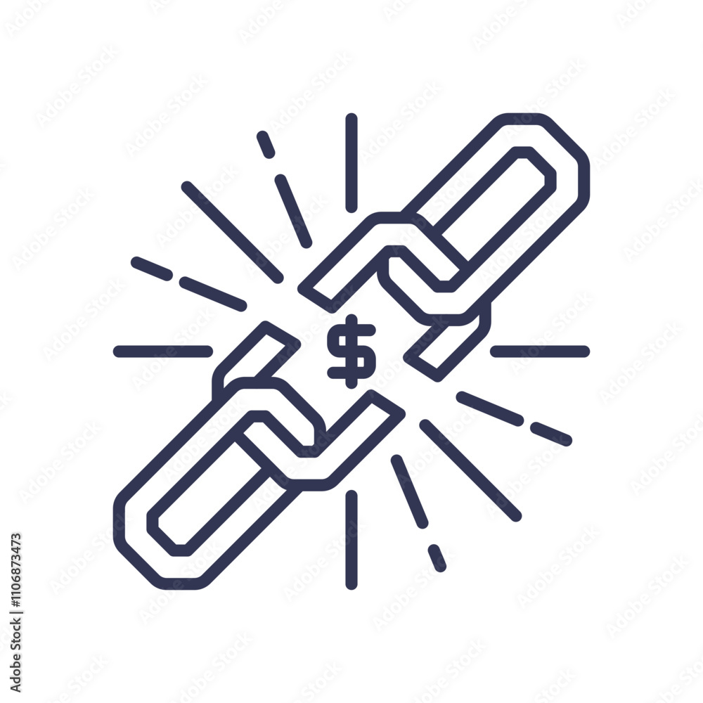 Broken chain with dollar sign symbolizes financial violation or economic disruption. Broken chain with dollar sign symbolizes financial violation or economic disruption.