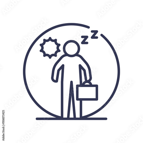 Person with briefcase, sun, and sleep symbol; concept of daytime sleepiness.